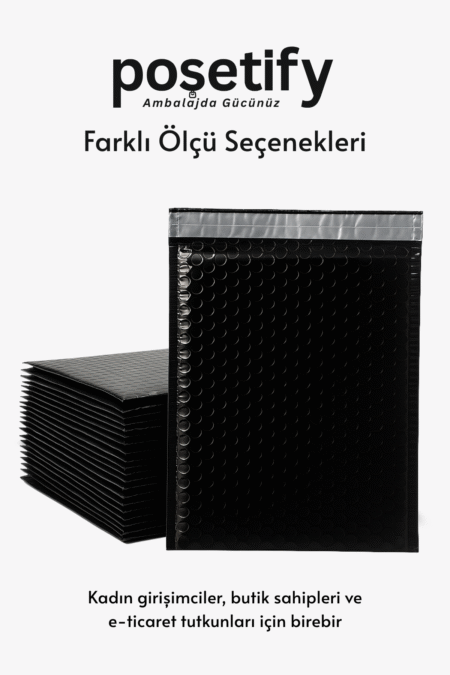 Poşetify Balonlu Siyah Kargo Poşeti 25x30+5 cm | 140 gr Bantlı Patpatlı Kargo Poşeti | Siyah E-Ticaret Poşeti
