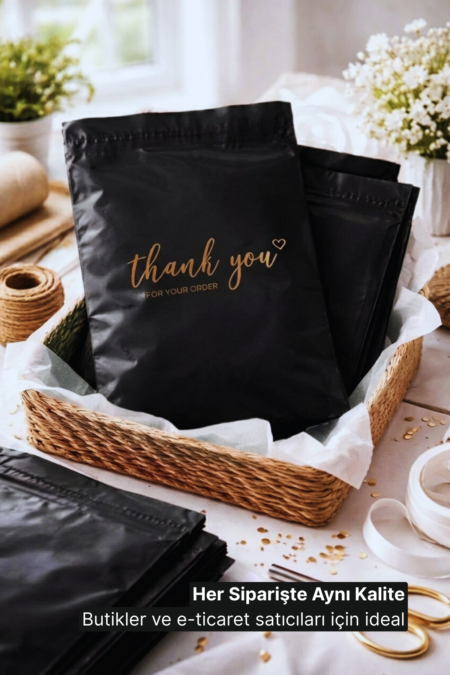 Premium Renkli Kargo Poşeti 30x38x6 cm | Yapışkan Bantlı | 100 Mikron | Siyah
