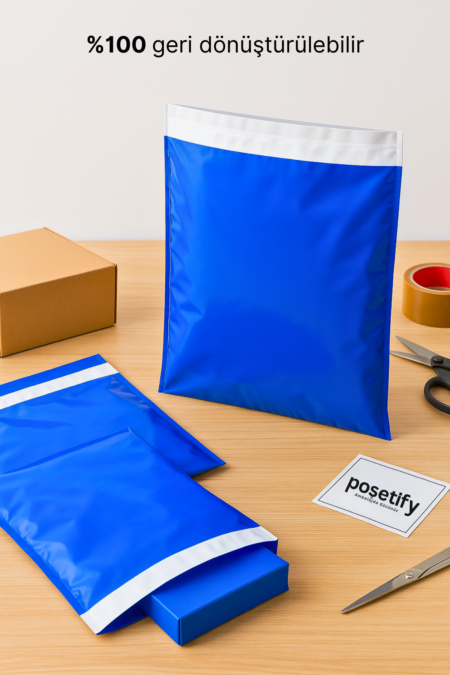 Renkli Kargo Poşeti | 25x30x5 cm | Yapışkan Bantlı | 100 Mikron | Mavi | 1. Kalite