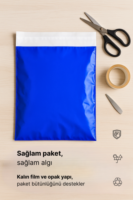 Renkli Kargo Poşeti | 25x30x5 cm | Yapışkan Bantlı | 100 Mikron | Mavi | 1. Kalite