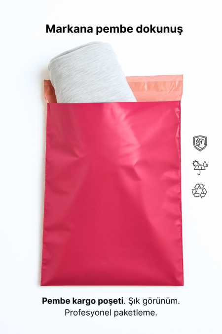 Renkli Kargo Poşeti | 35x50x5 cm | Yapışkan Bantlı | 100 Mikron | Pembe | 1. Kalite