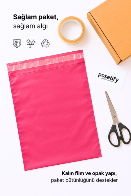 Renkli Kargo Poşeti | 35x50x5 cm | Yapışkan Bantlı | 100 Mikron | Pembe | 1. Kalite